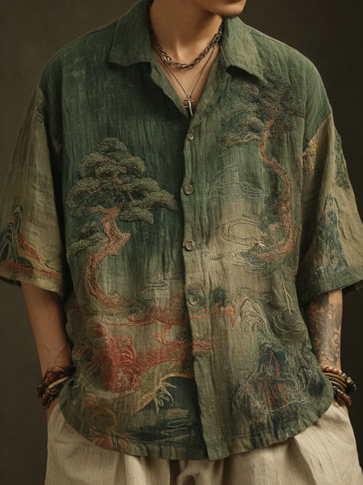 Japanese Landscape Painting Art Linen Turn-down Collar Shirt
