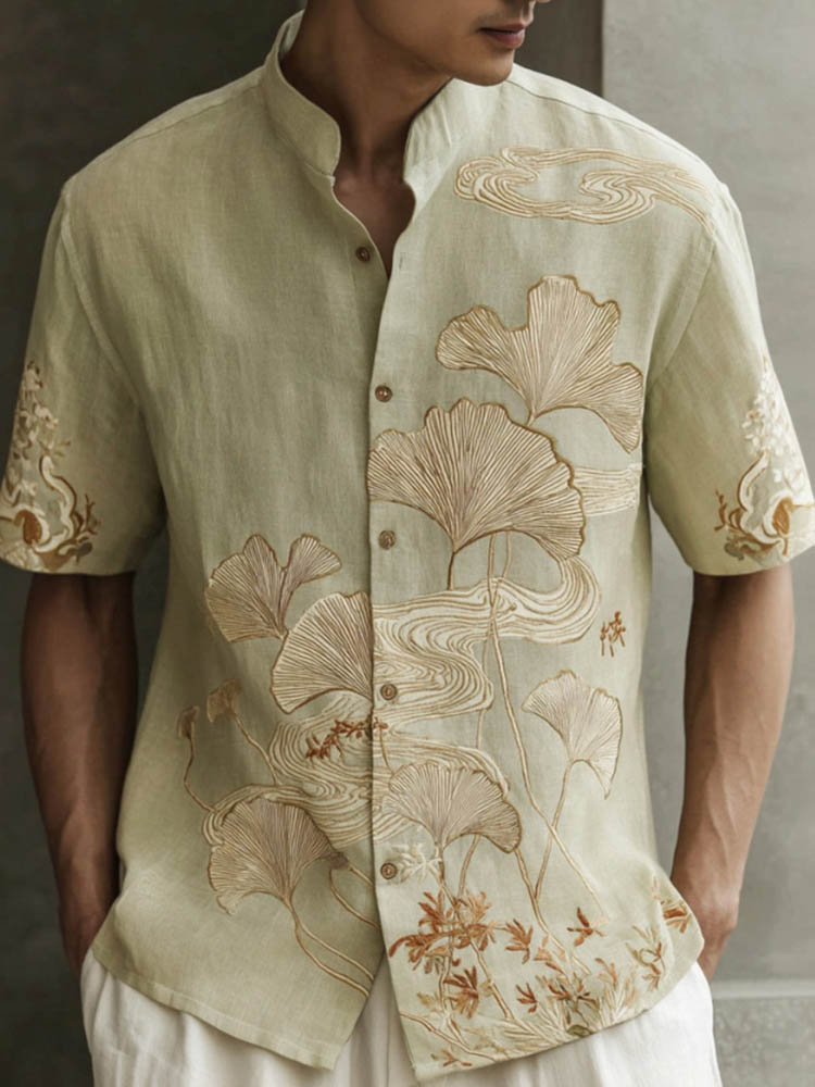 Men's Japanese-style Ginkgo Leaf Pattern Linen Short-sleeved Shirt