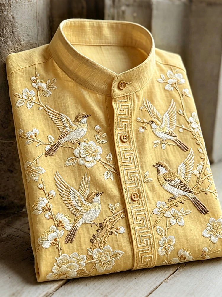 Vintage Plum Blossom & Birds Painting Art Cozy Linen Shirt