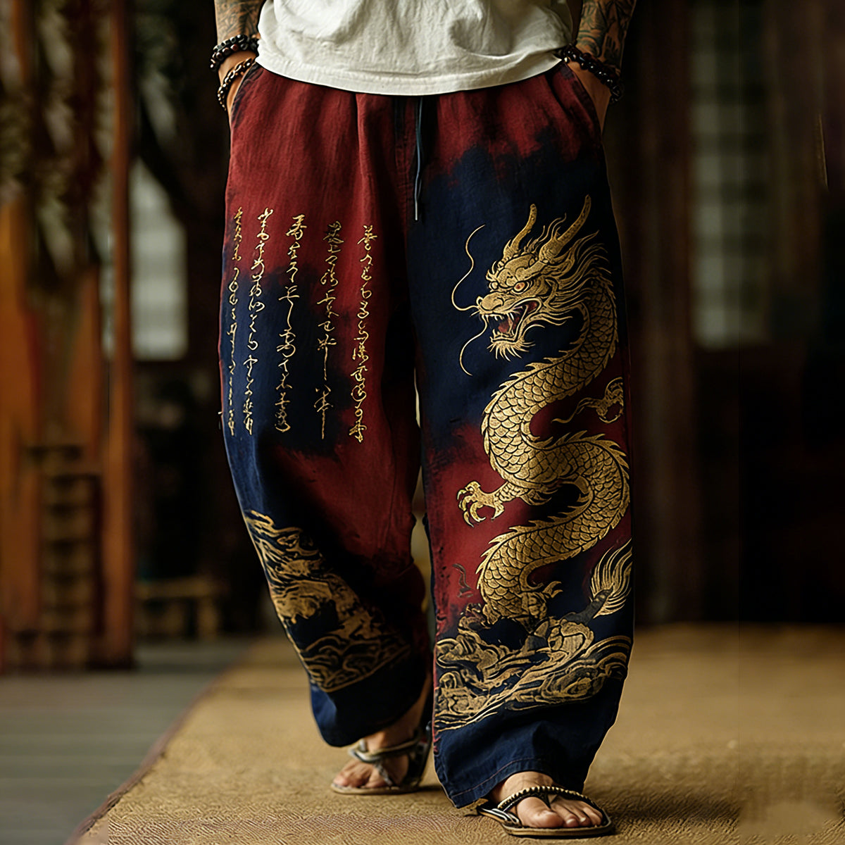Japanese Retro Dragon Pattern And Calligraphy Art Tie-dye Pants
