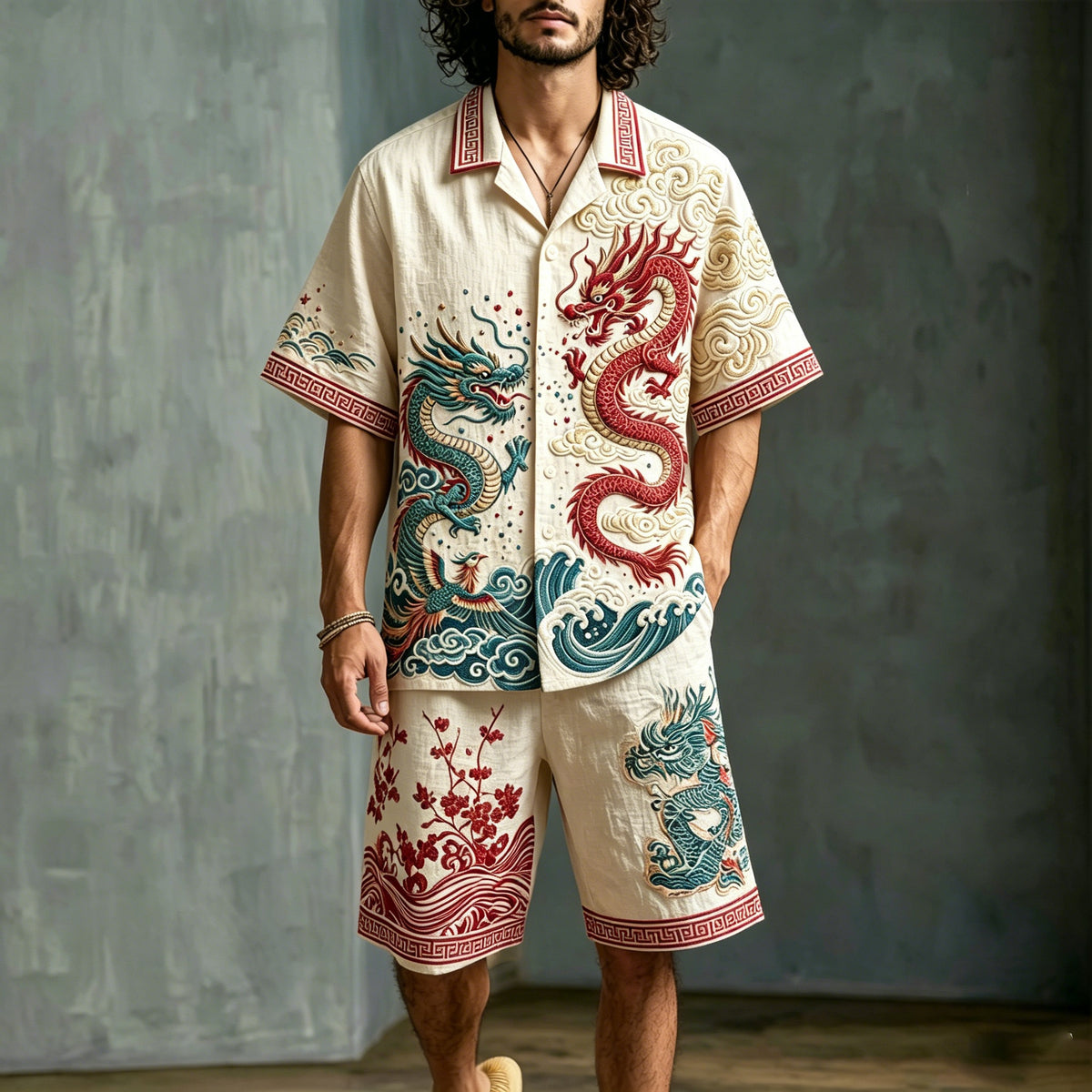 Men's Japanese Art Dragon Floral Design Cotton Linen Short-sleeve And Shorts Two-piece Set