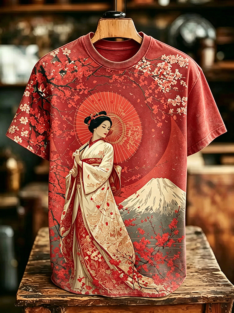 Men's Retro Japanese Geisha Cherry Blossom And Mount Fuji Pattern Crew Neck T-shirt