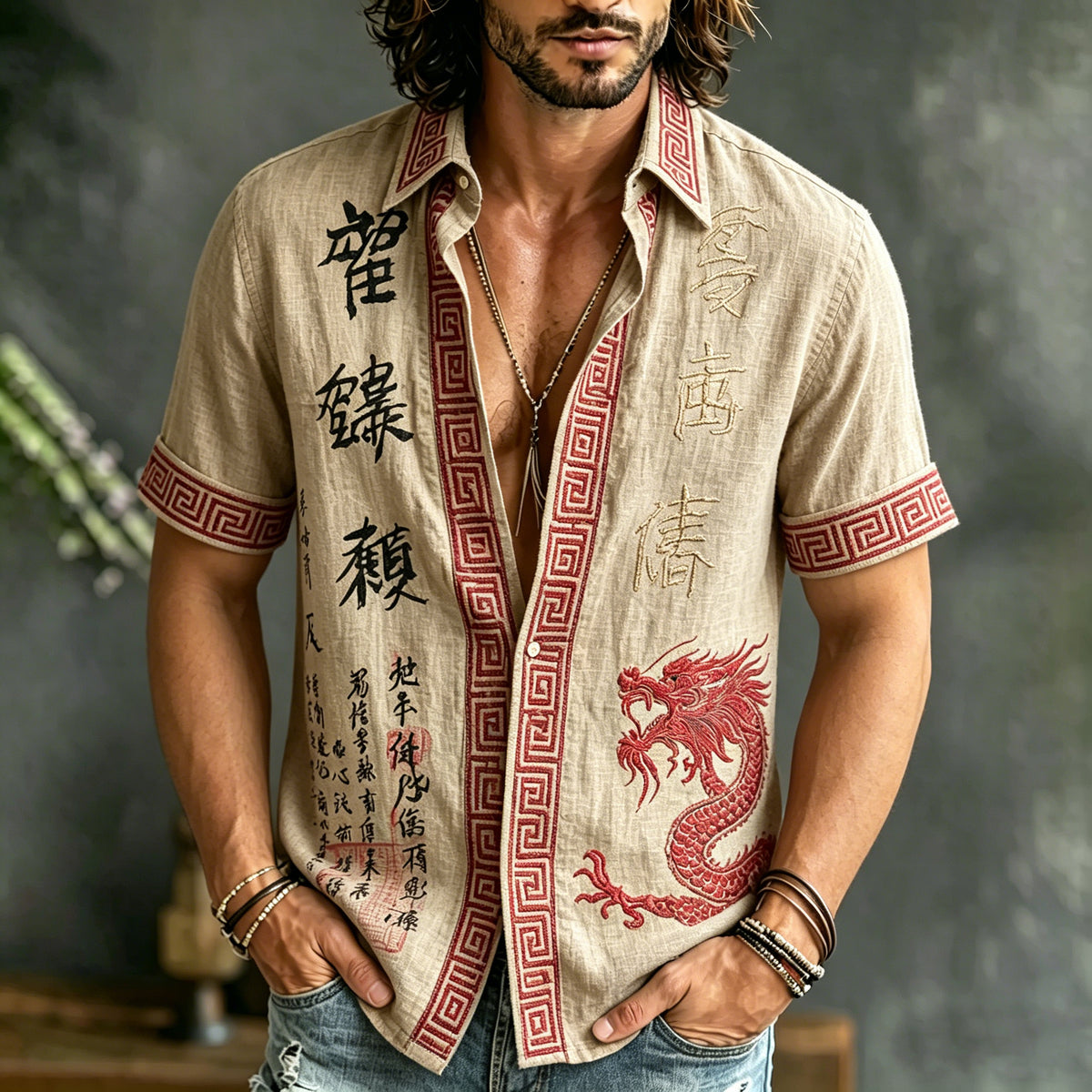 Men's Retro Japanese Calligraphy And Dragon Art Pattern Casual Linen Blend Shirt