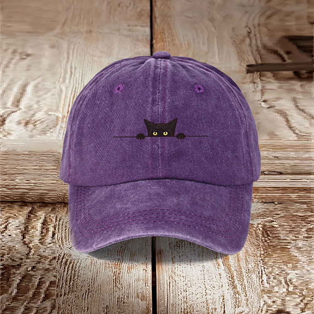 Japanese Art Black Cat Print Washed Hat
