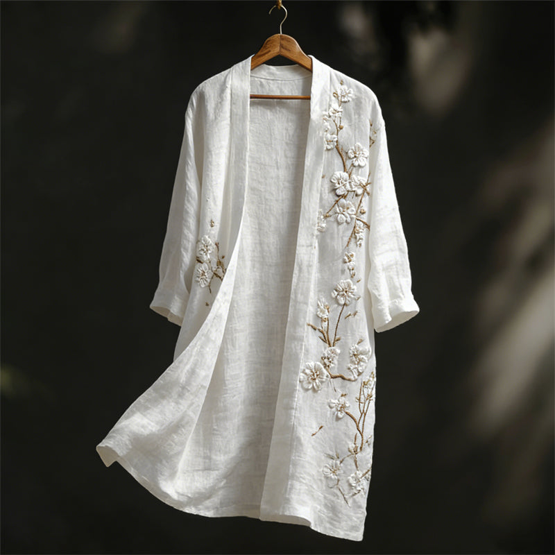Classy White Almond Blossom Embroidered Flowy Linen Long Kimono