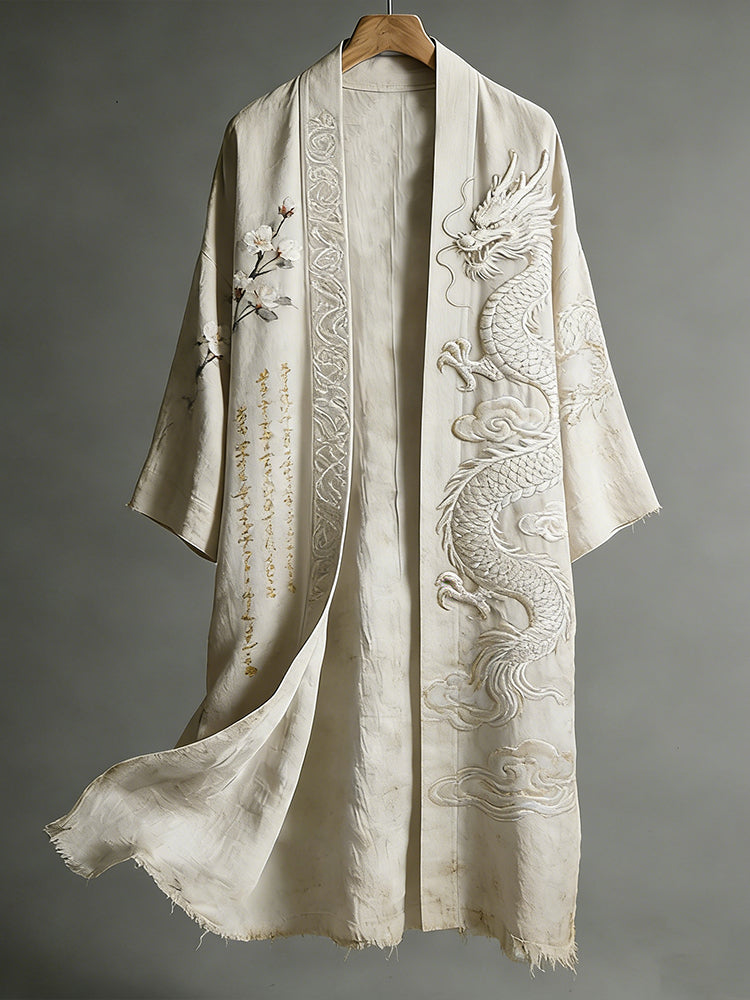 Vintage Japanese-style Dragon And Cherry Blossom Calligraphy Art Cotton-linen Distressed Kimono