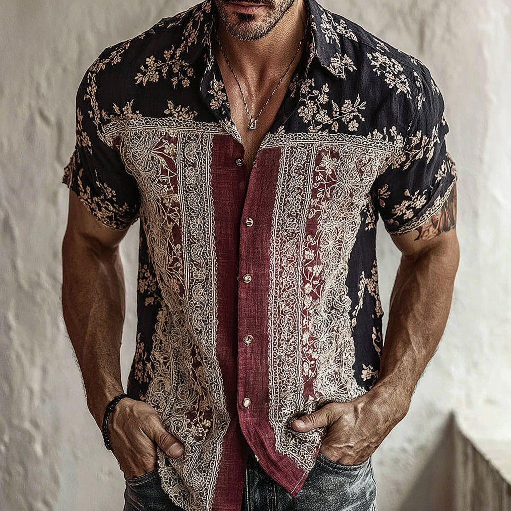 Men's Retro Floral Patchwork Pattern Casual Shirt