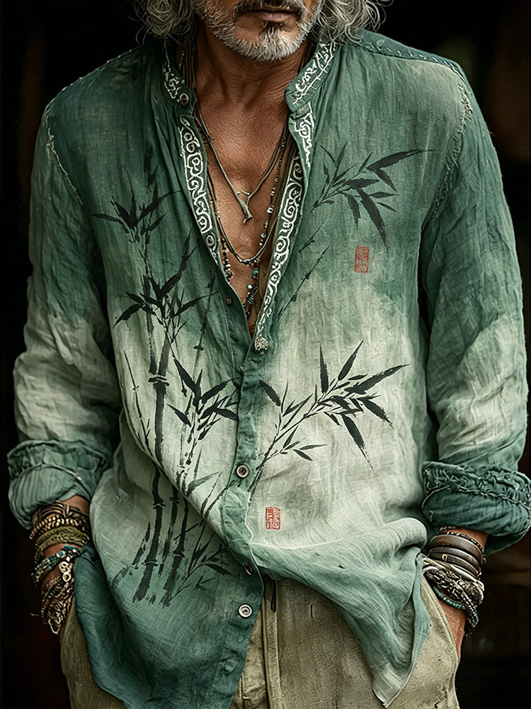 Men's Japanese Style Ink Wash Bamboo Print Art Long Sleeve Shirt