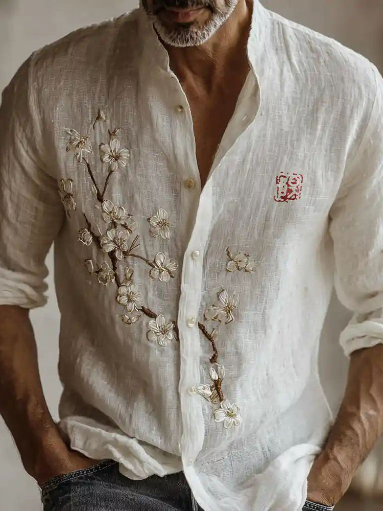 Men's Retro Japanese Cherry Blossom Patchwork Pattern Casual Shirt
