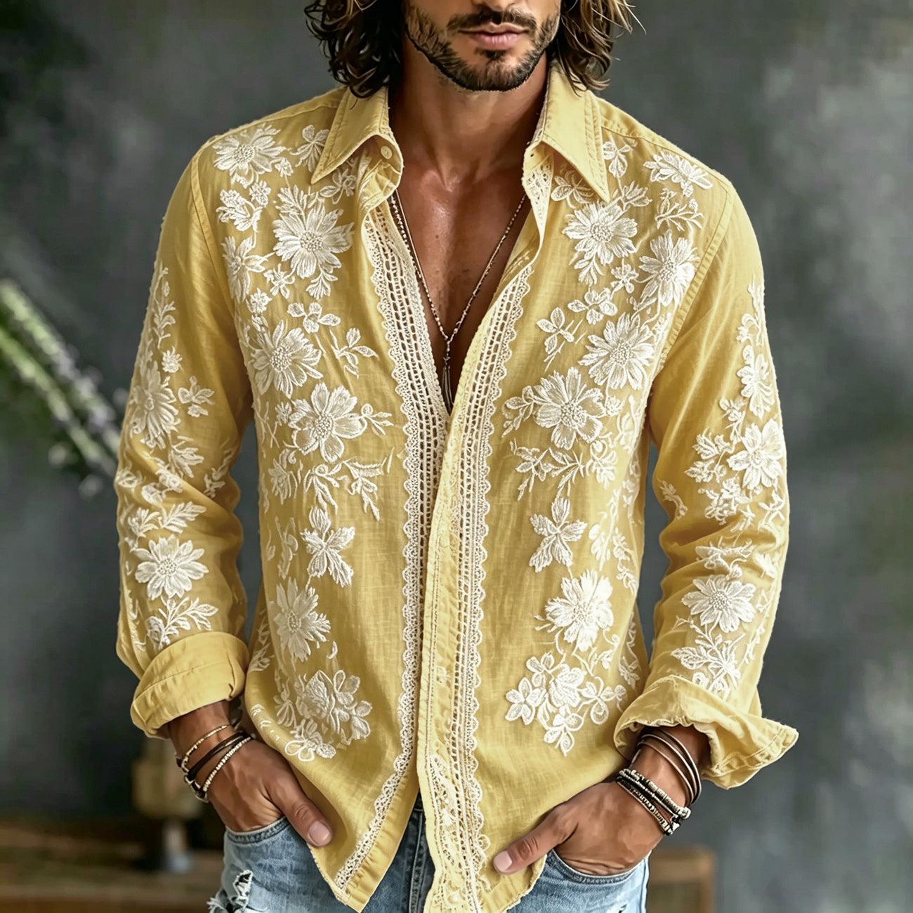 Men's Floral Embroidered Casual Cotton Linen Long-sleeved Shirt