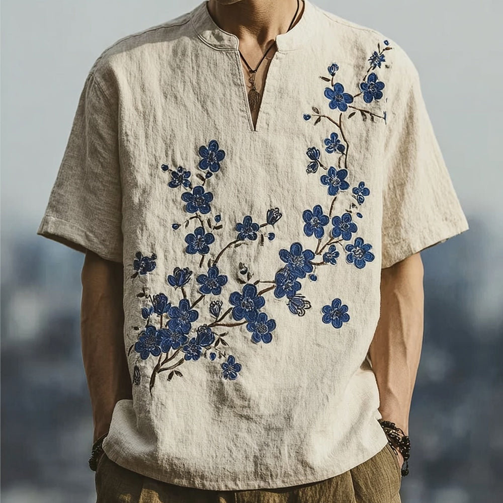 Men's Japanese Blue Plum Blossom Art Cozy Linen Shirt