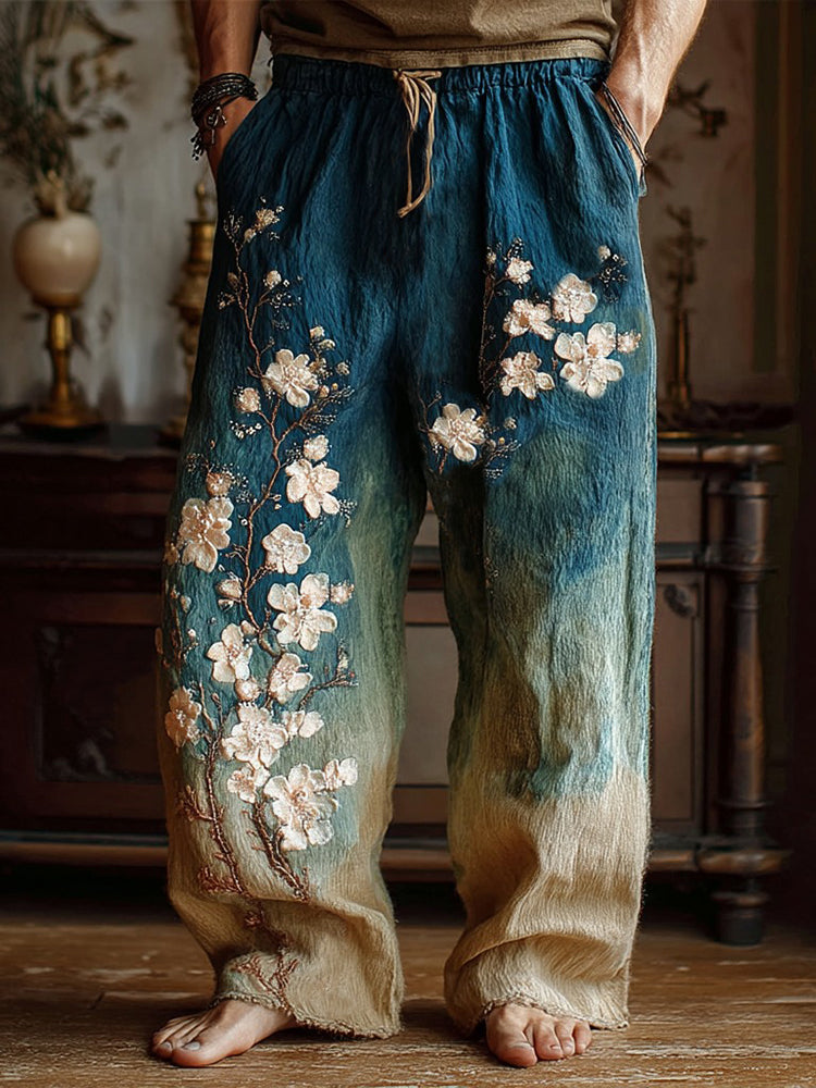 Men's Japanese Apricot Blossom Oil Painting Art Art Vintage Linen Pants