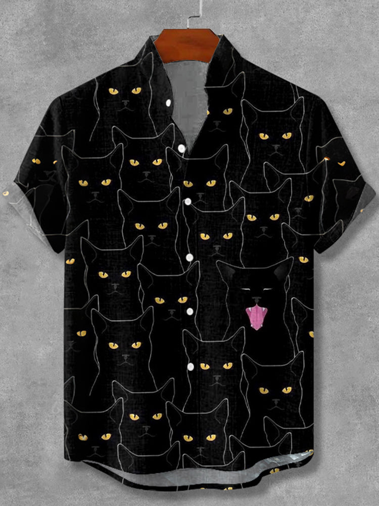 Retro Abstract Black Cat Art Linen Shirt