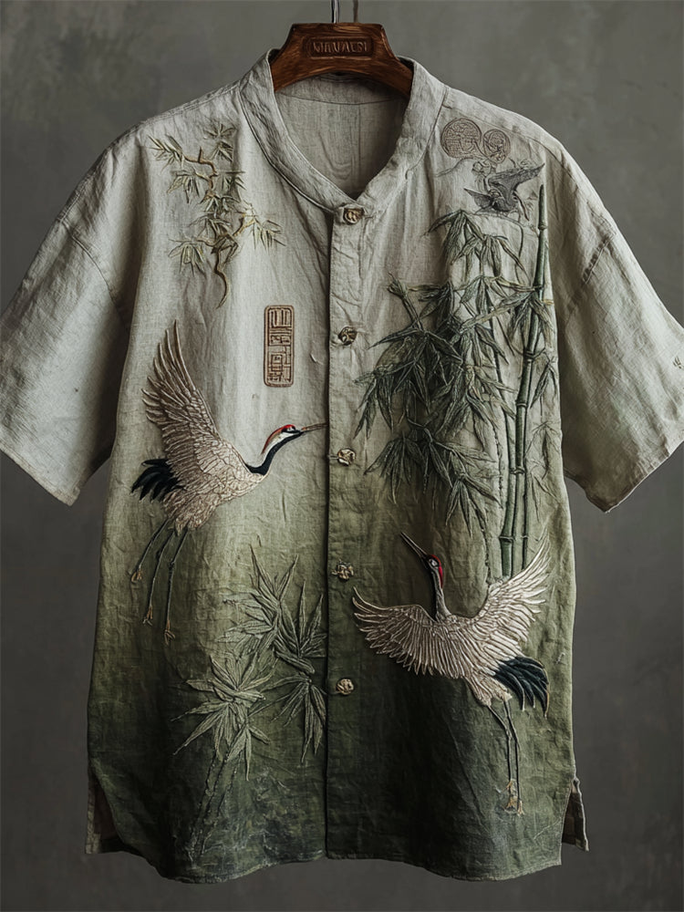 Japanese Cranes & Bamboo Embroidered Gradient Linen Shirt