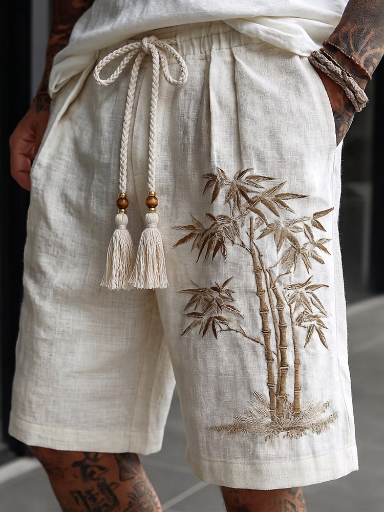 Men's Vintage Japanese Bamboo Embroidery Art Linen Blend Casual Shorts