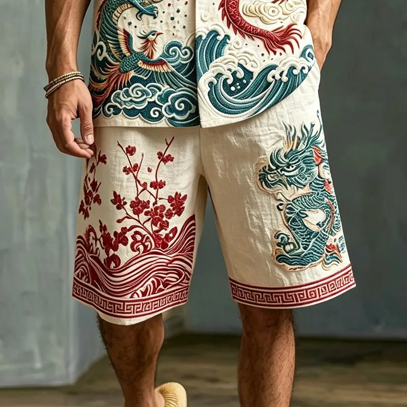 Men's Japanese Art Dragon Floral Design Cotton Linen Short-sleeve And Shorts Two-piece Set