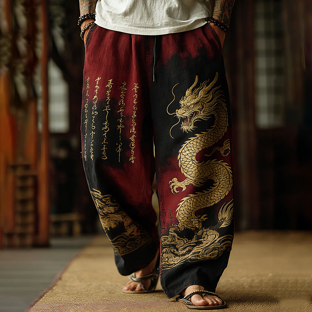 Japanese Retro Dragon Pattern And Calligraphy Art Tie-dye Pants