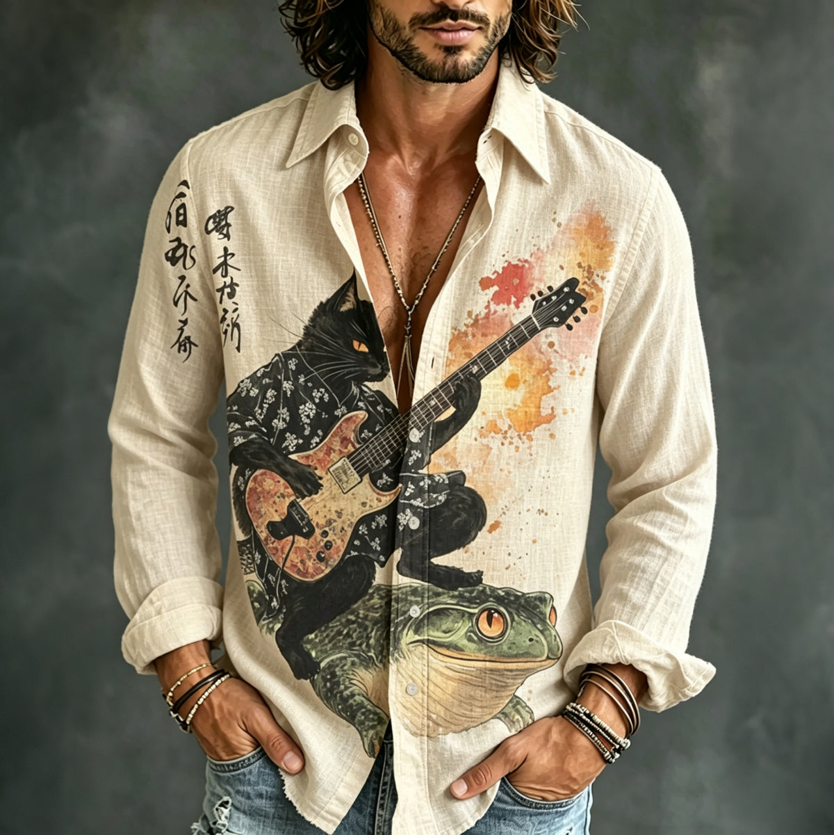 Men's Retro Japanese Black Cat Art Casual Shirt