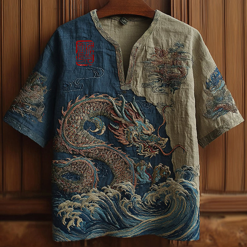 Men's Retro Wave And Dragon Japanese Embroidery Linen Shirt