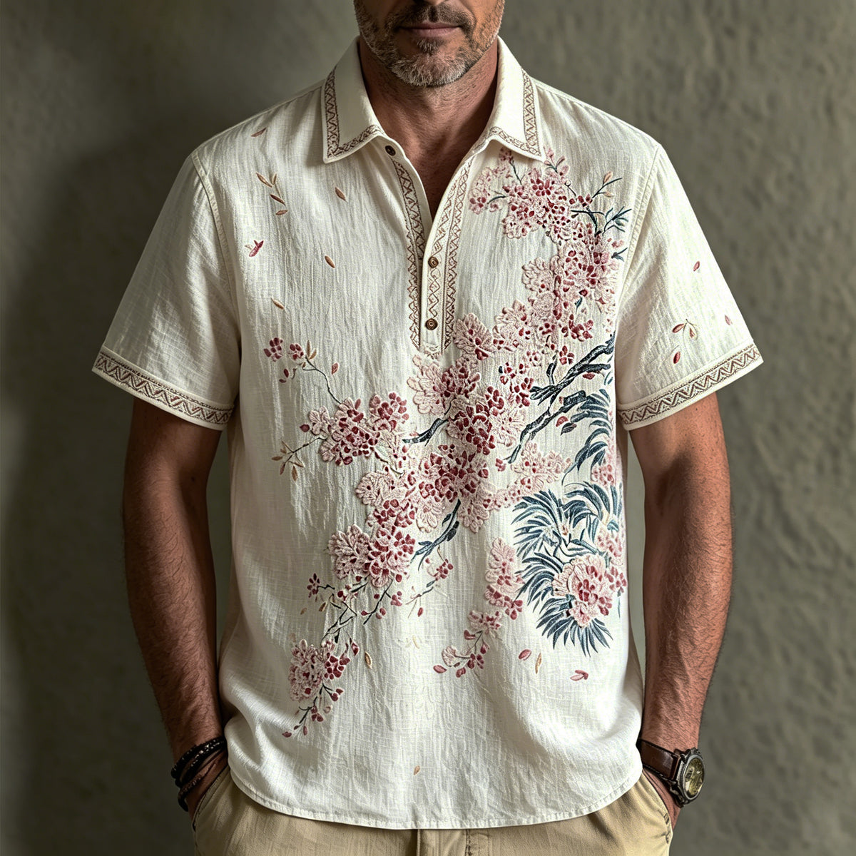 Men's Retro Japanese Floral Print Cotton Linen Comfortable Polo Shirt