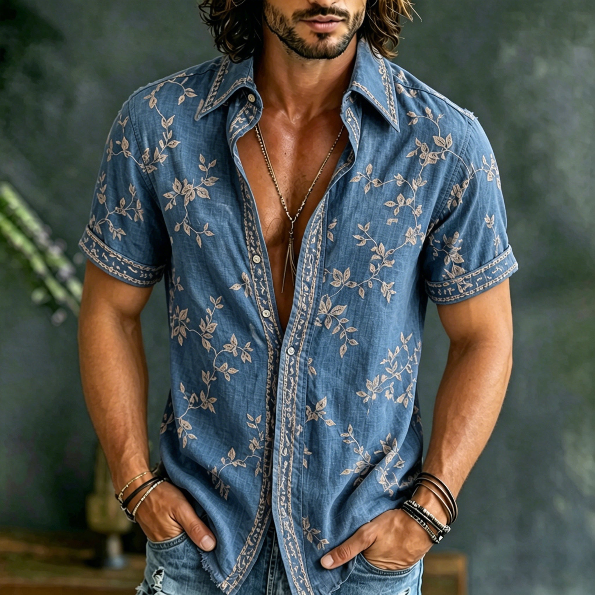 Men's Retro Floral Embroidered Short-sleeve Shirt