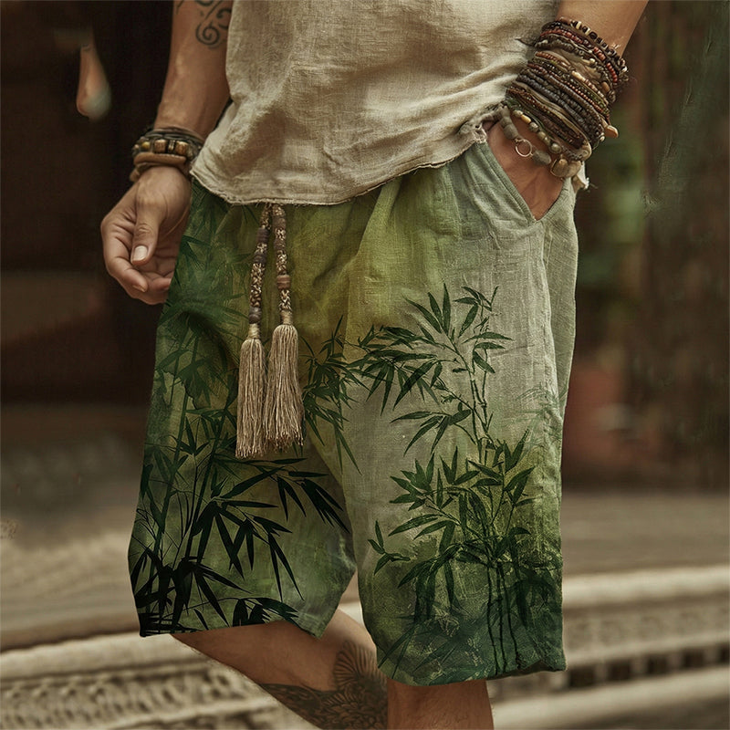 Men's Japanese Bamboo Art Print Linen Blend Casual Shorts