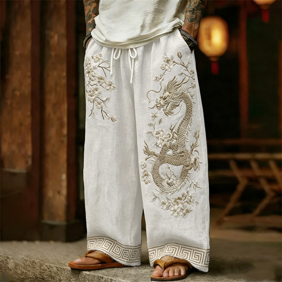 Men's Japanese-style Cherry Blossom With Dragon Pattern Linen Pants