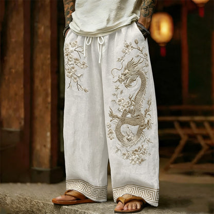 Men's Japanese-style Cherry Blossom With Dragon Pattern Linen Pants