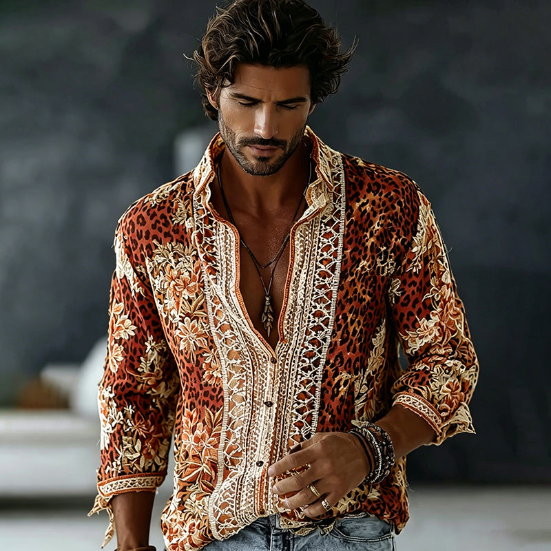 Men's Retro Floral In Leopard Art Print Flowy Linen Blend Shirt