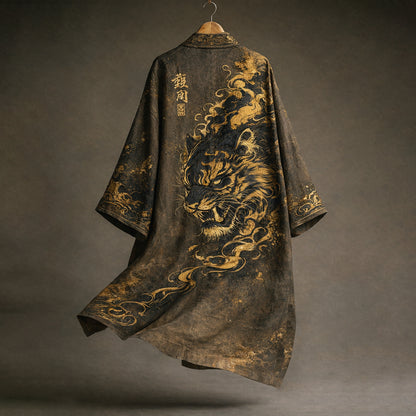 Japanese Style Retro Calligraphy Tiger Art Pattern Casual Linen Blend Kimono