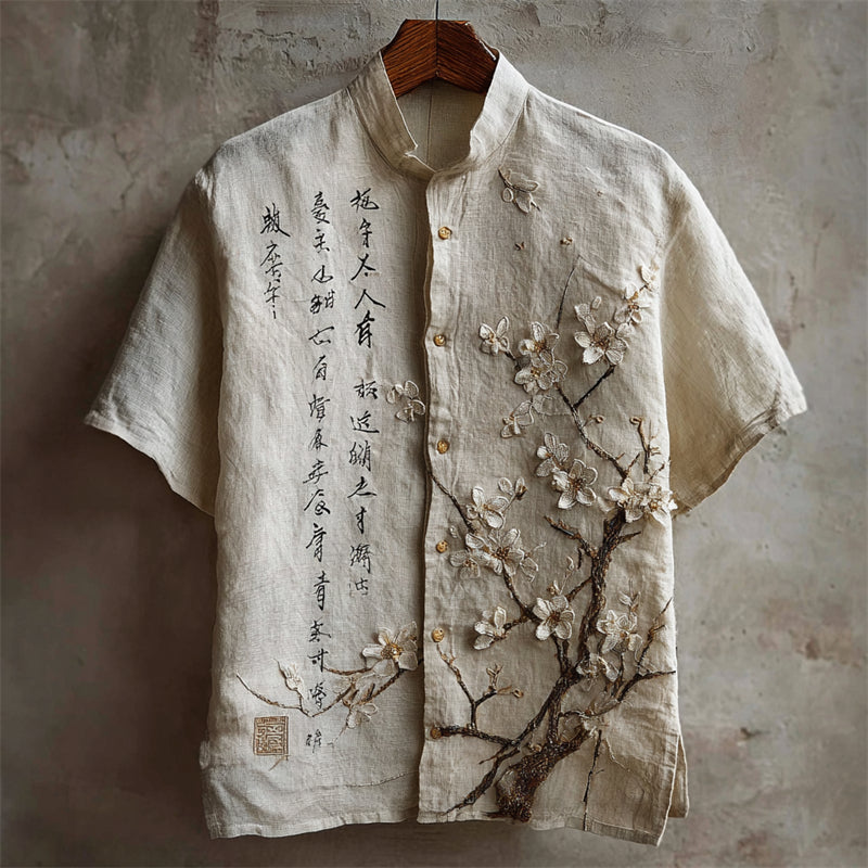 Japanese Almond Blossom Calligraphy Linen Shirt