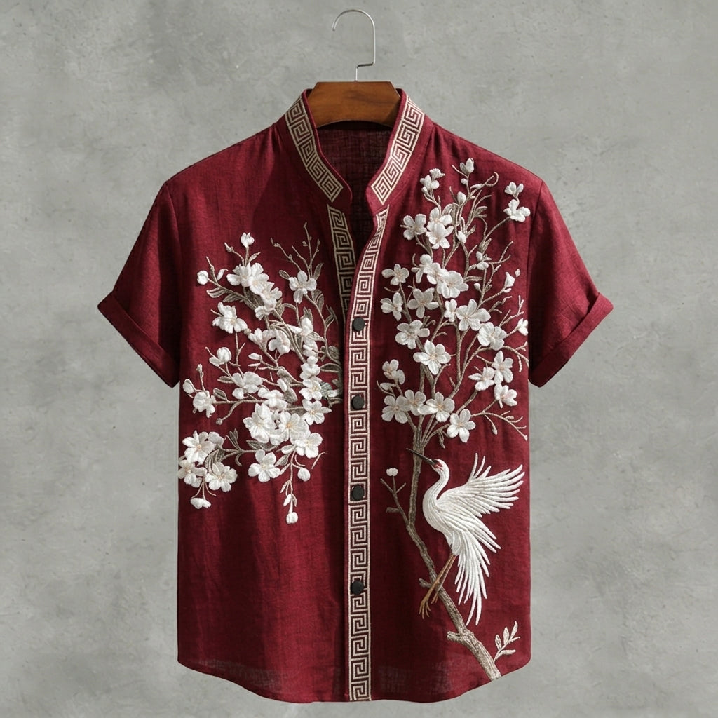 Japanese  Cherry Blossom & Crane Art Linen Blend Shirt