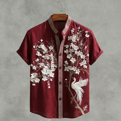Japanese  Cherry Blossom & Crane Art Linen Blend Shirt