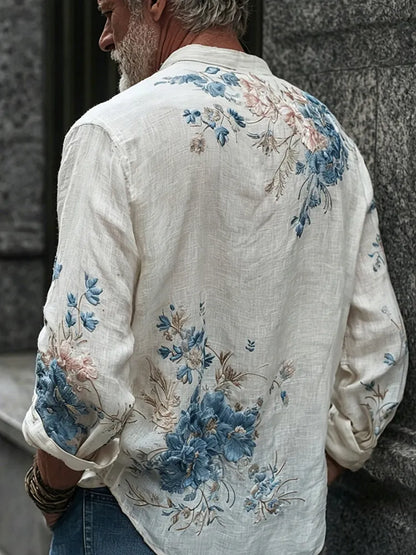 Men's Retro Floral Art Embroidery Linen Blend Casual Shirt