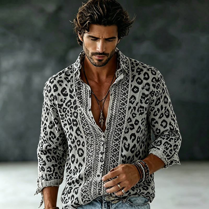 Men's Vintage Leopard Art Print Flowy Linen Blend Shirt