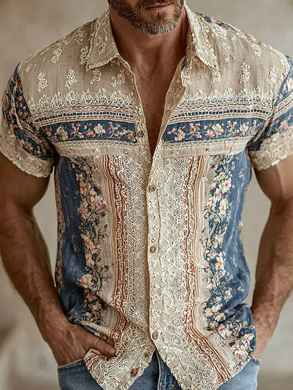 Men's Retro Floral Patchwork Pattern Casual Shirt