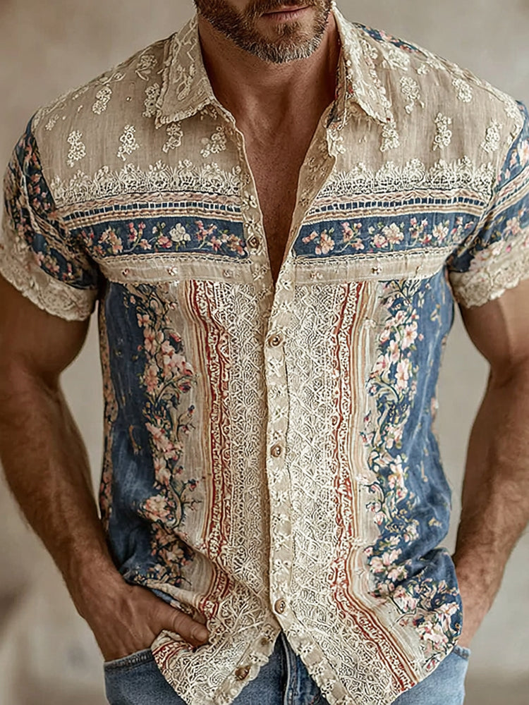 Men's Retro Floral Patchwork Pattern Casual Shirt