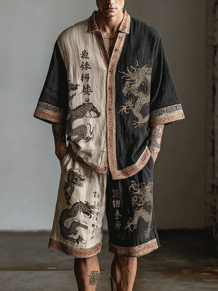 Men's Retro Dragon Color Block Two-piece Set