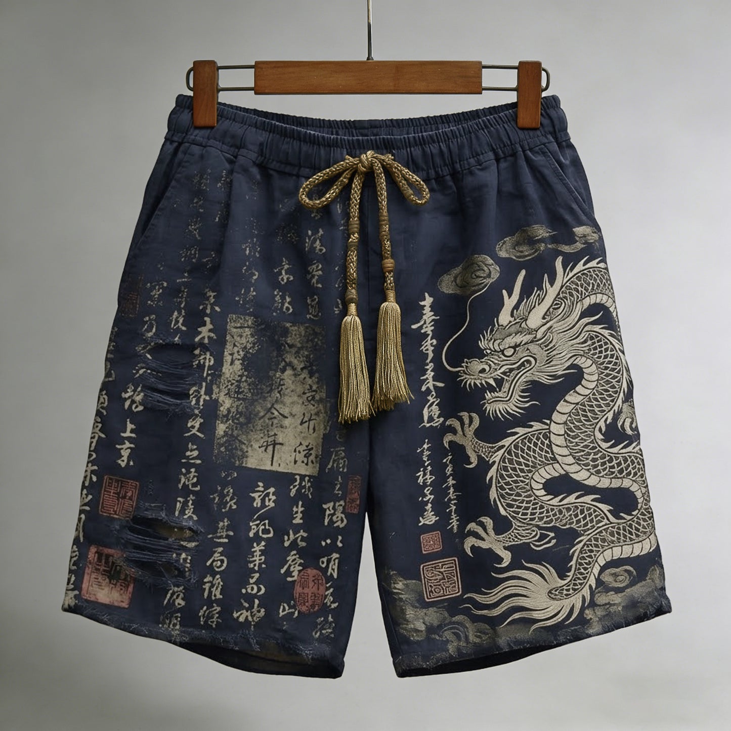 Men's Calligraphy With Dragon Art Pattern Linen Blend Casual Shorts