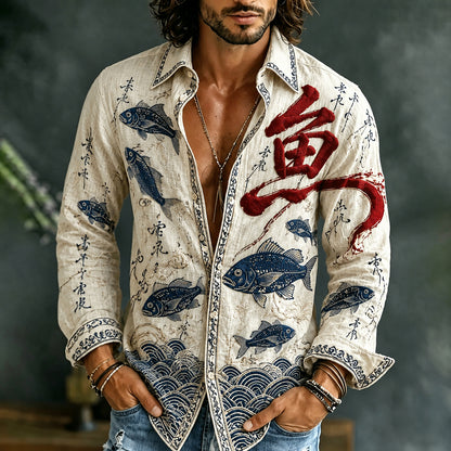 Men's Japanese Fish Art Long Sleeve Linen Blend Shirt