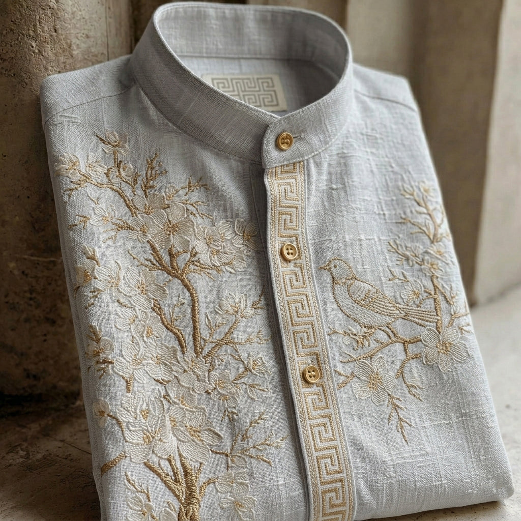 Retro Cherry Blossom And Bird Pattern Short-sleeve Shirt