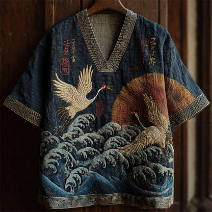 Men's Japanese Cranes & Sea Waves Sunrise Linen Shirt