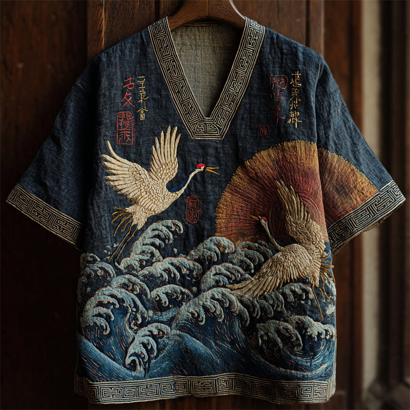 Men's Japanese Cranes & Sea Waves Sunrise Linen Shirt