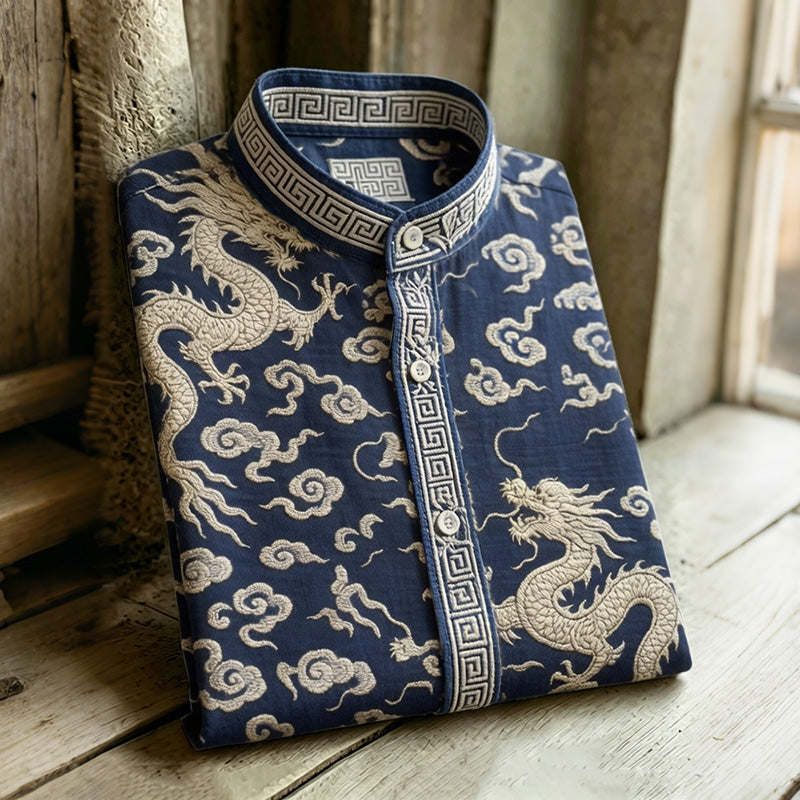 Retro Japanese Dragon Art Pattern Casual Shirt