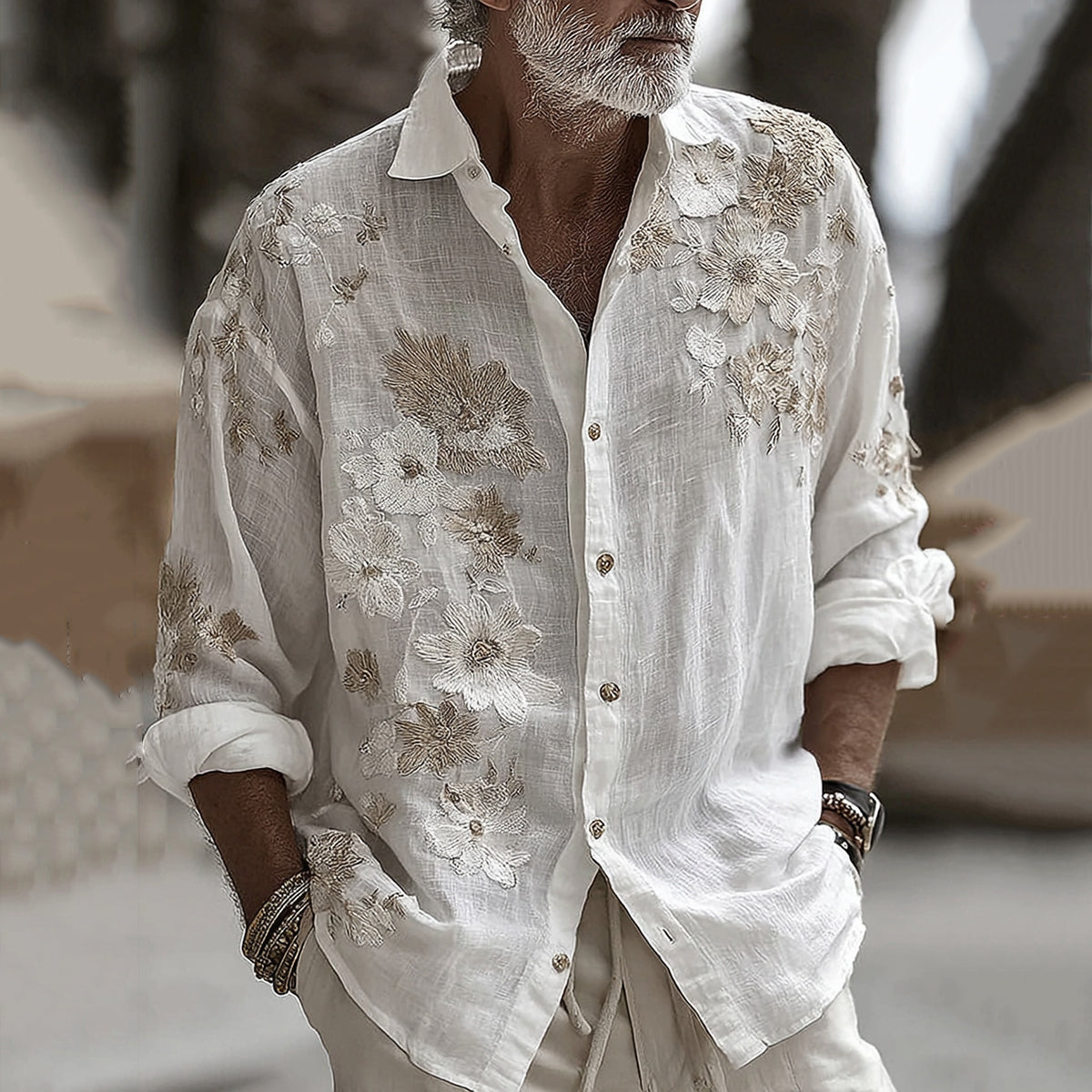 Men's Retro Floral Embroidered Comfy Linen Shirt