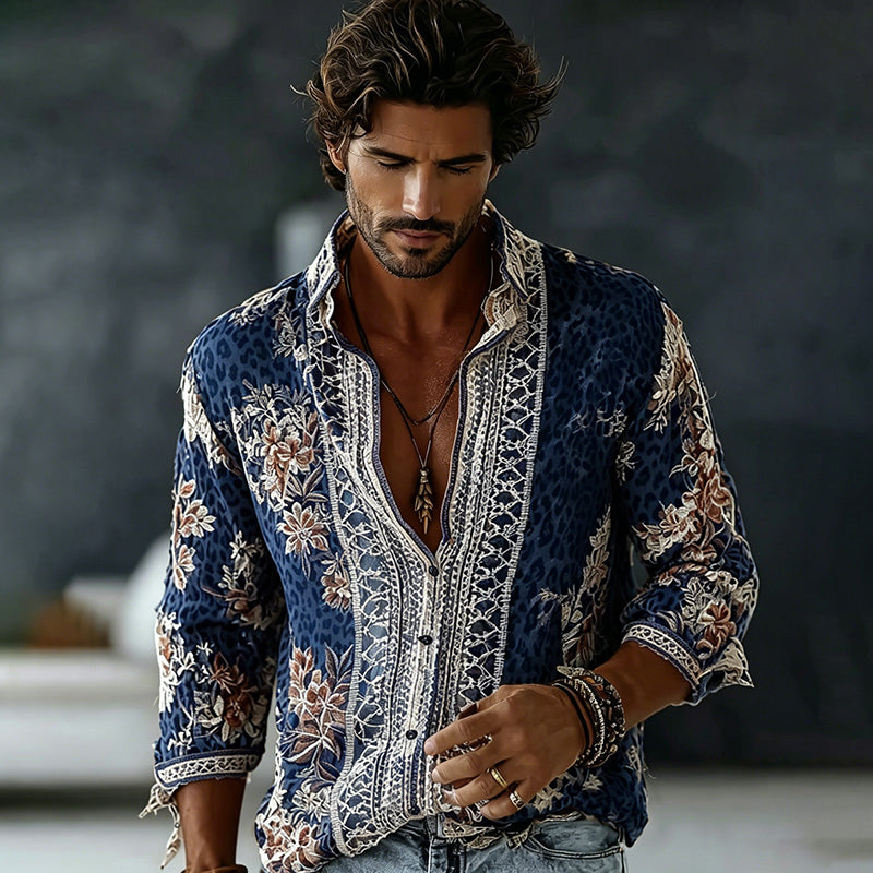 Men's Retro Floral In Leopard Art Print Flowy Linen Blend Shirt