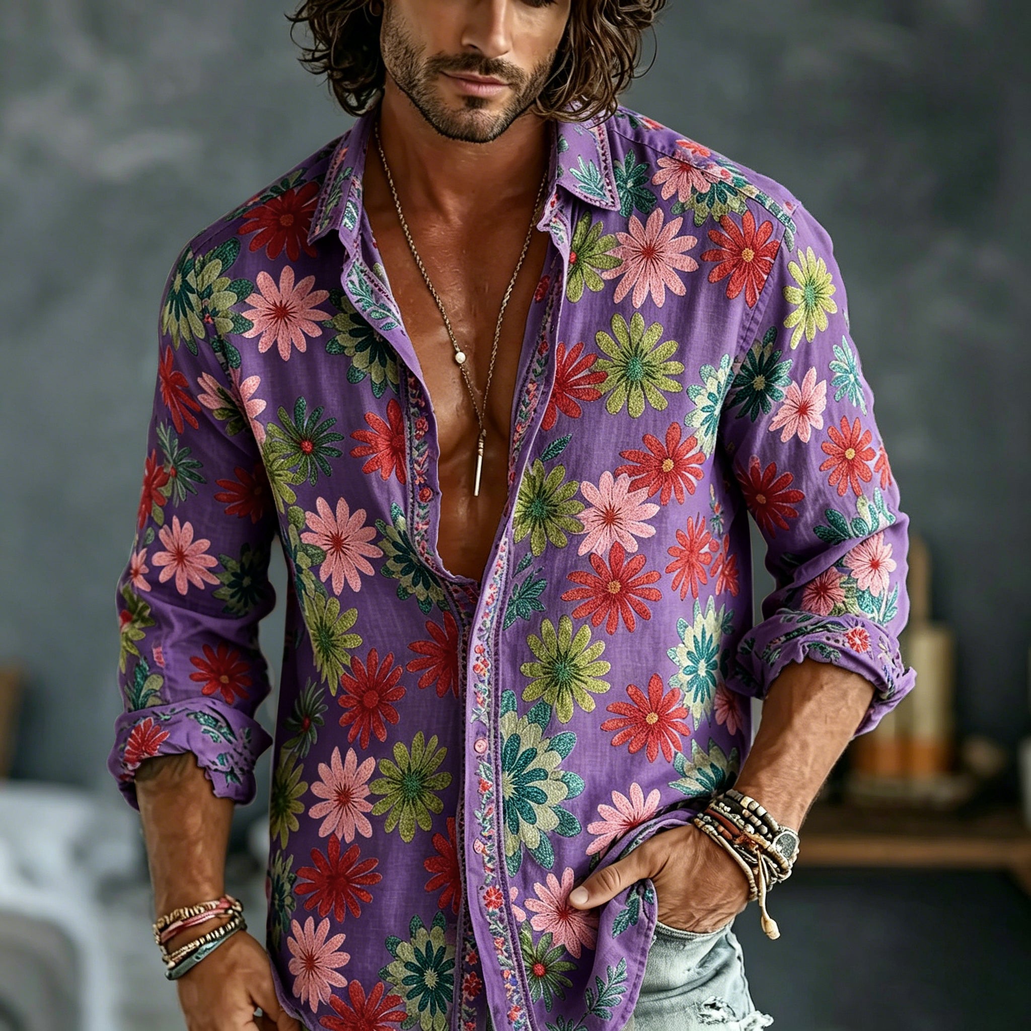 Men's Spring Summer Colorful Floral Embroidered Art Print Flowy Linen Blend Shirt
