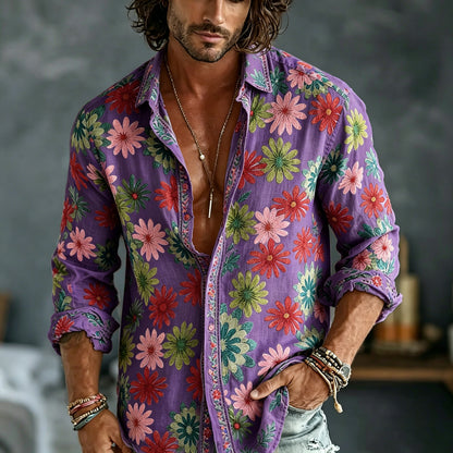 Men's Spring Summer Colorful Floral Embroidered Art Print Flowy Linen Blend Shirt
