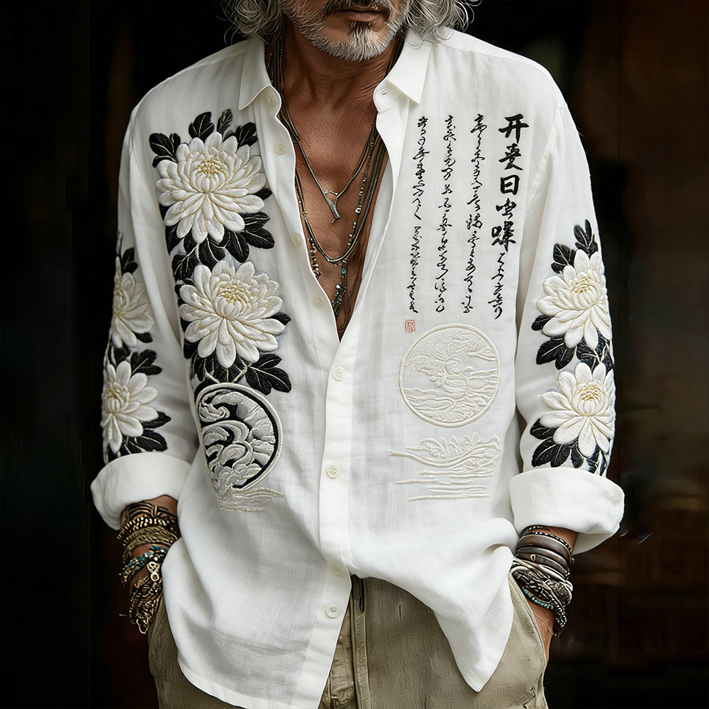 Japanese-style Chrysanthemum And Calligraphy Art Embroidery Distressed Long Sleeve Shirt