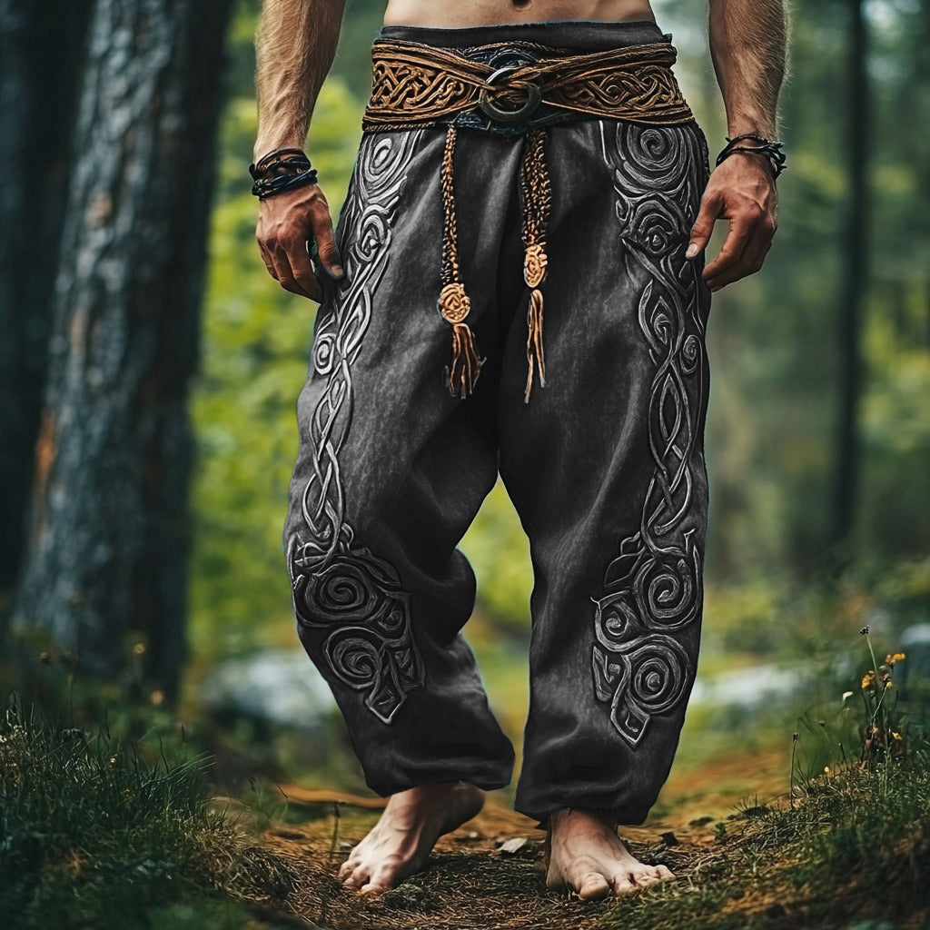 Tribal Viking Celtic Embroidery Art Linen Long Loose Wide-leg Pants